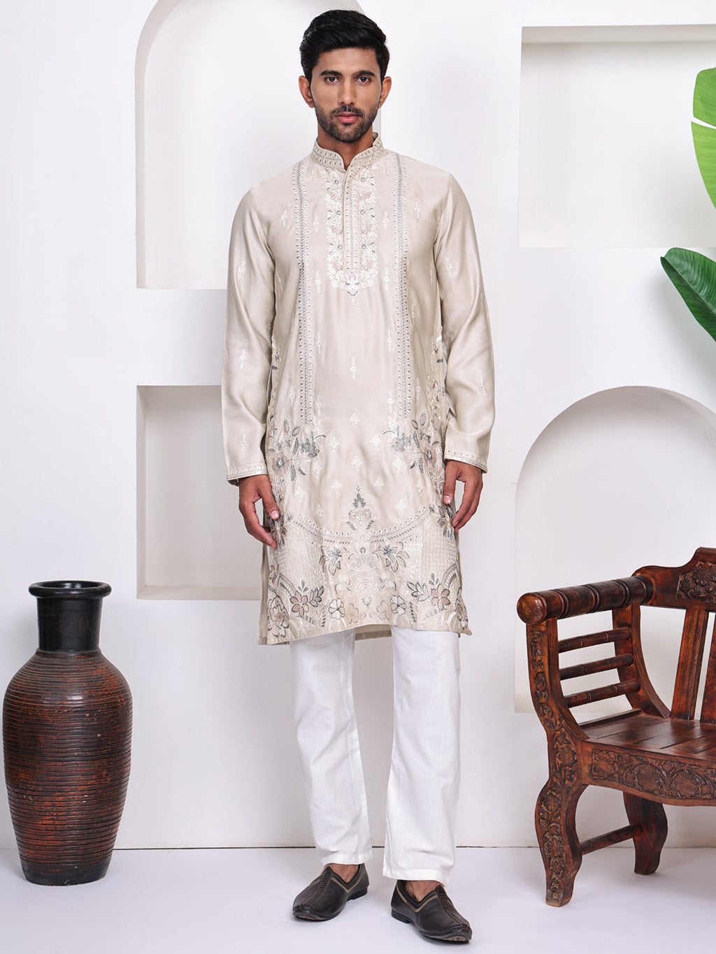 Men Beige Floral Embroidered Mirror Work Kurta
