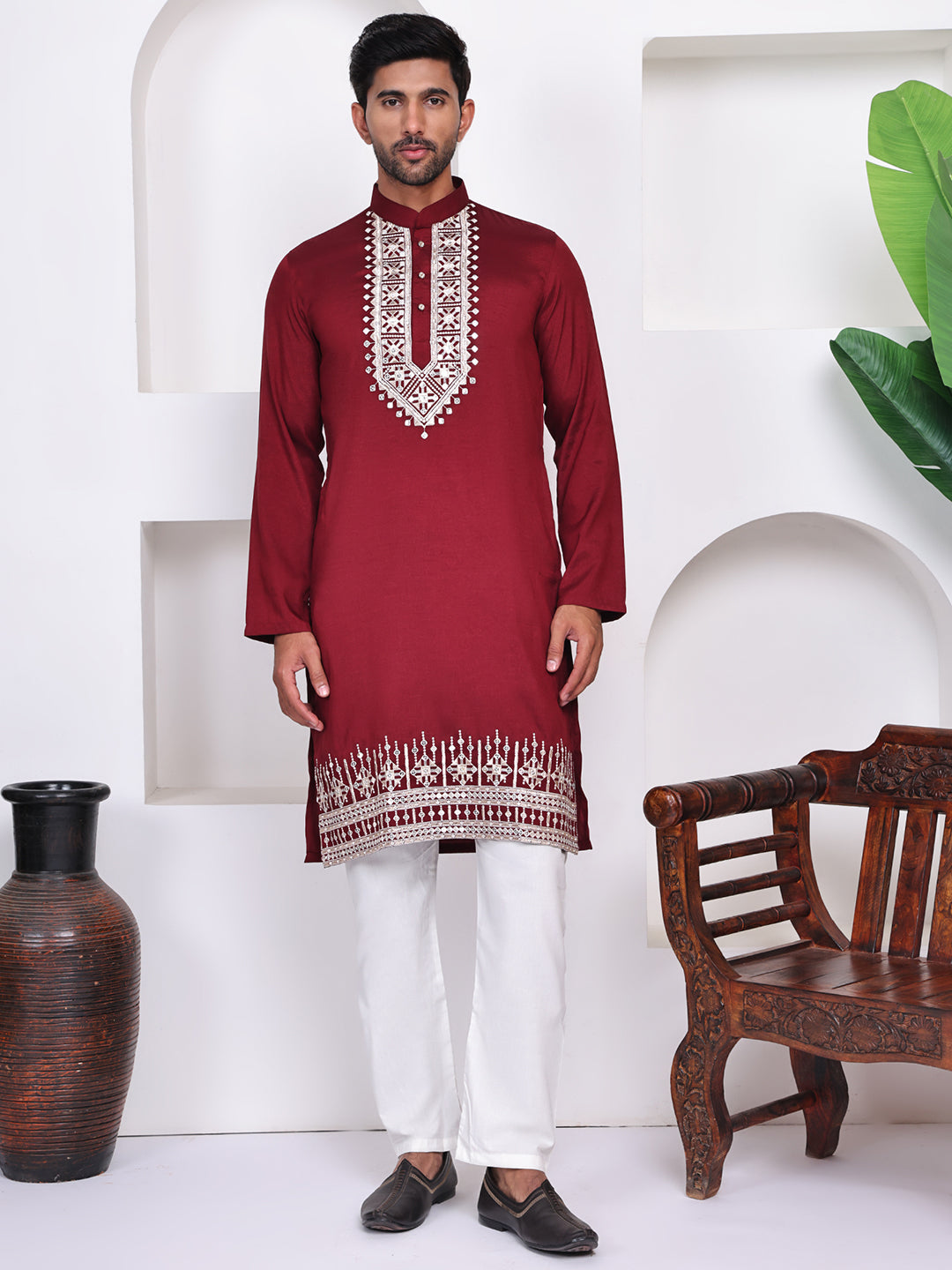 Men Red Ethnic Motifs Embroidered Festive Straight Kurta
