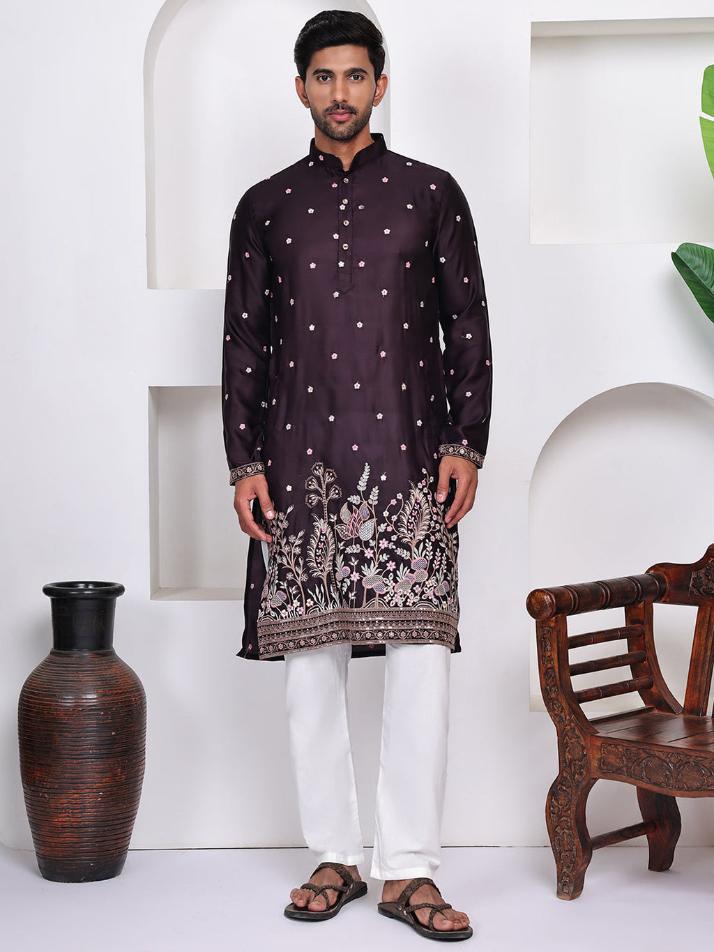 Men Wine Ethnic Motifs Embroidered Thread Work Straight Kurta