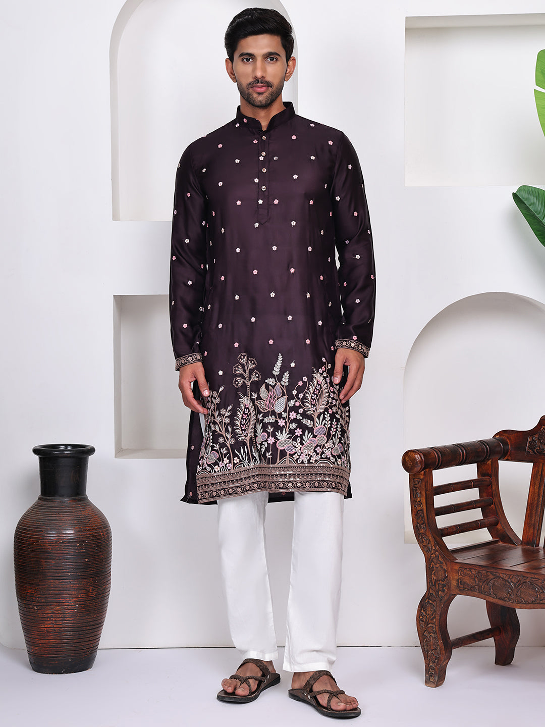 Men Wine Ethnic Motifs Embroidered Thread Work Straight Kurta