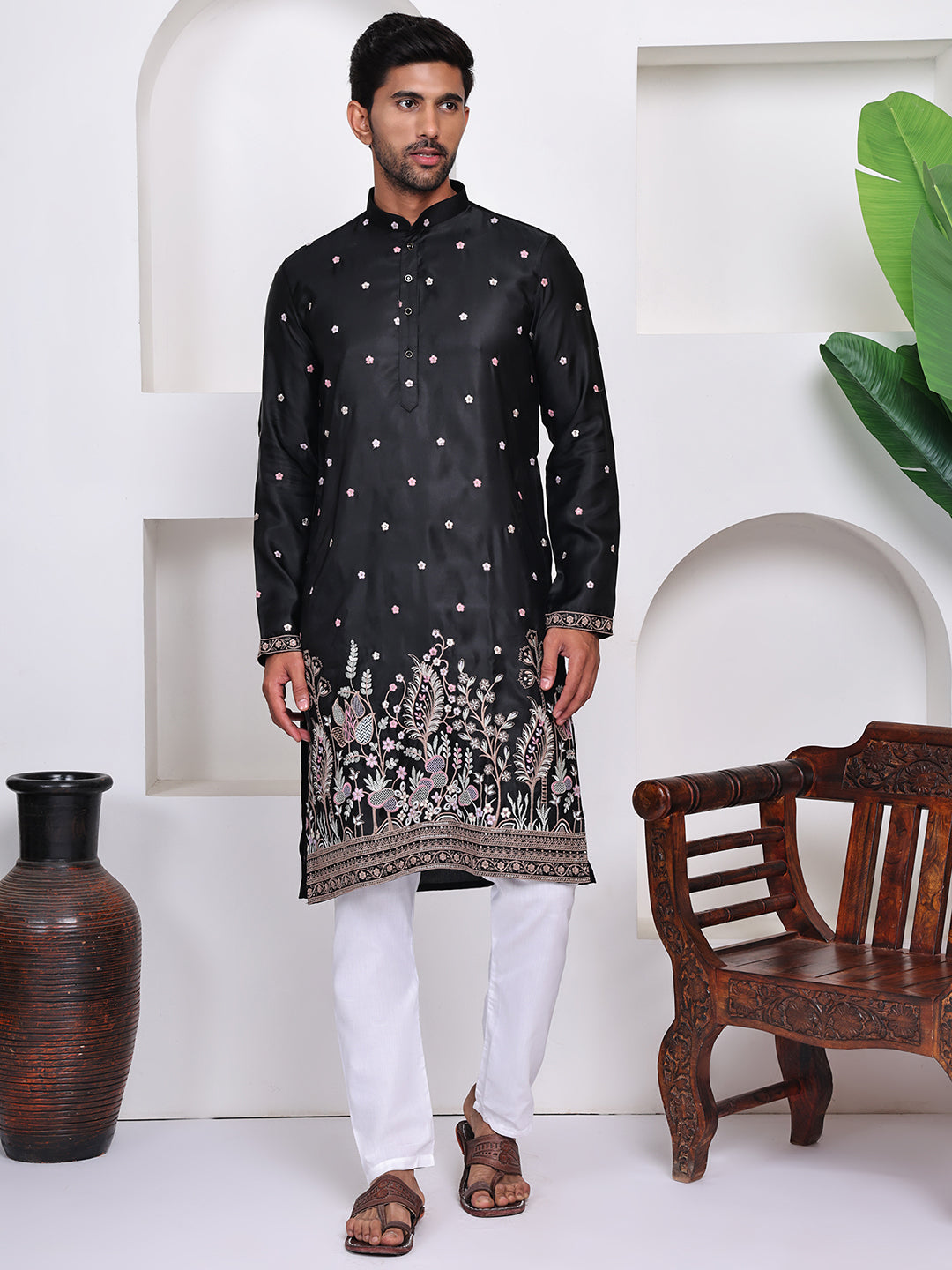 Black Floral Embroidered Mandarin Collar Mirror Work Straight Kurta