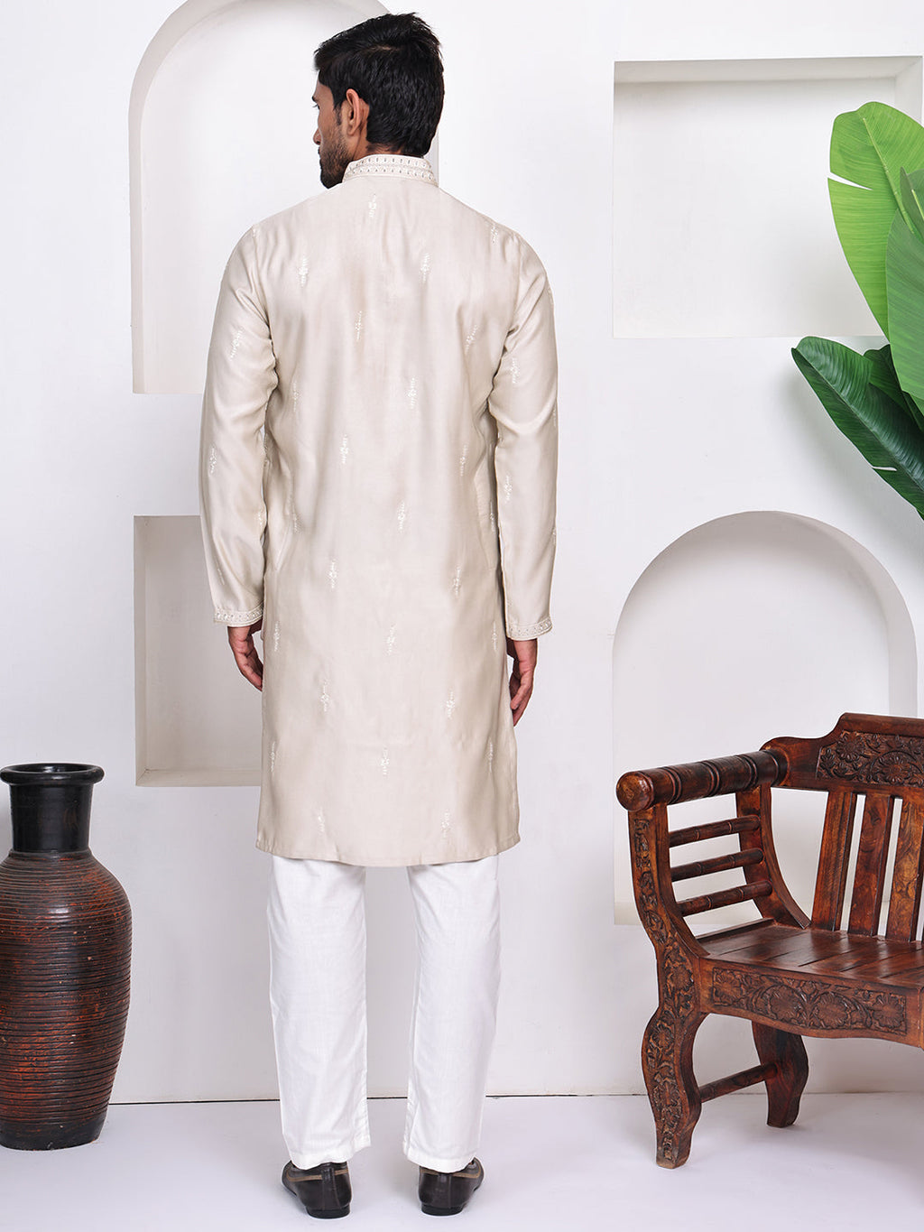 Men Beige Floral Embroidered Mirror Work Kurta