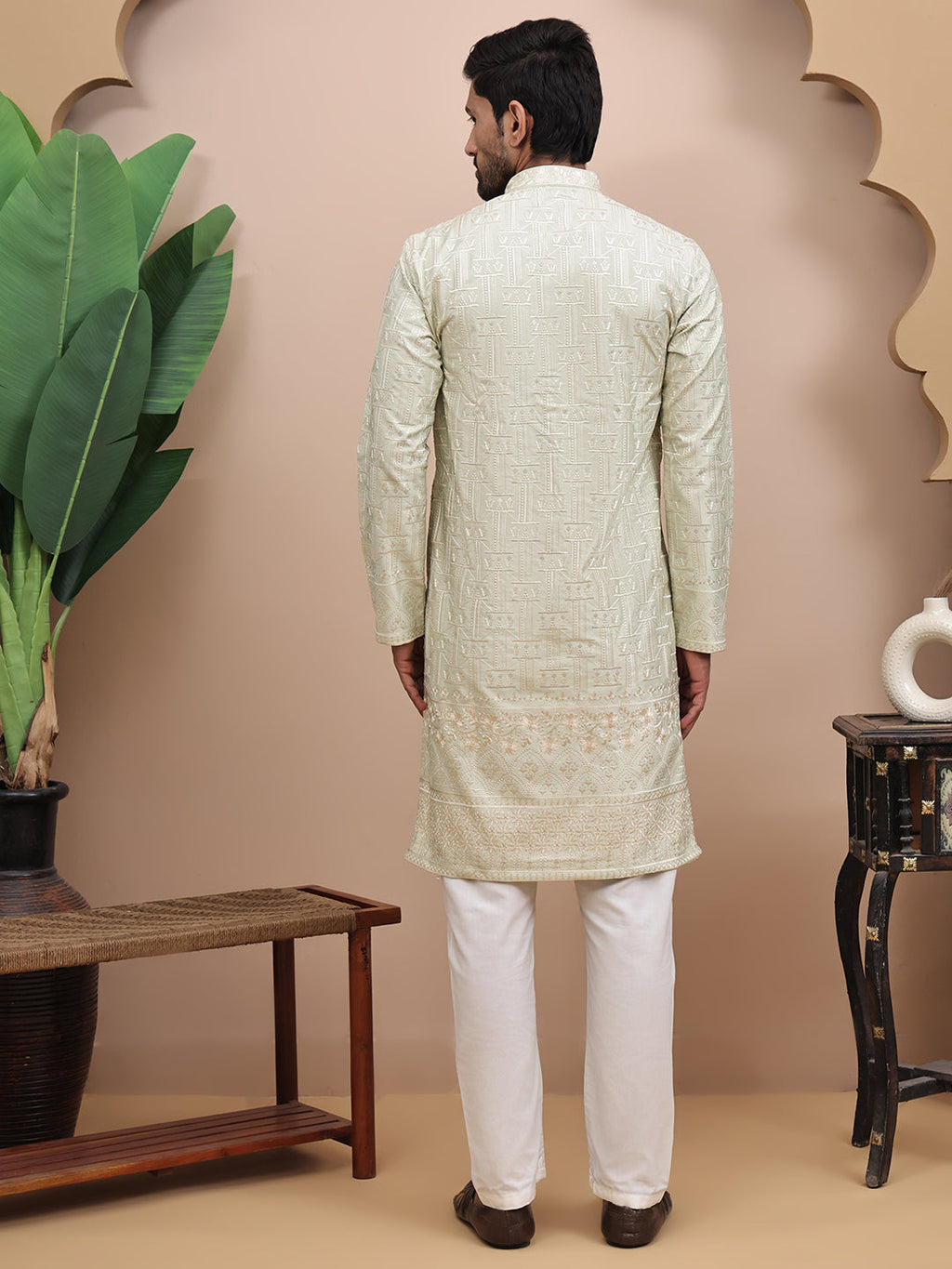 Men Pista Green Ethnic Motifs Embroidered Thread Work Kurta