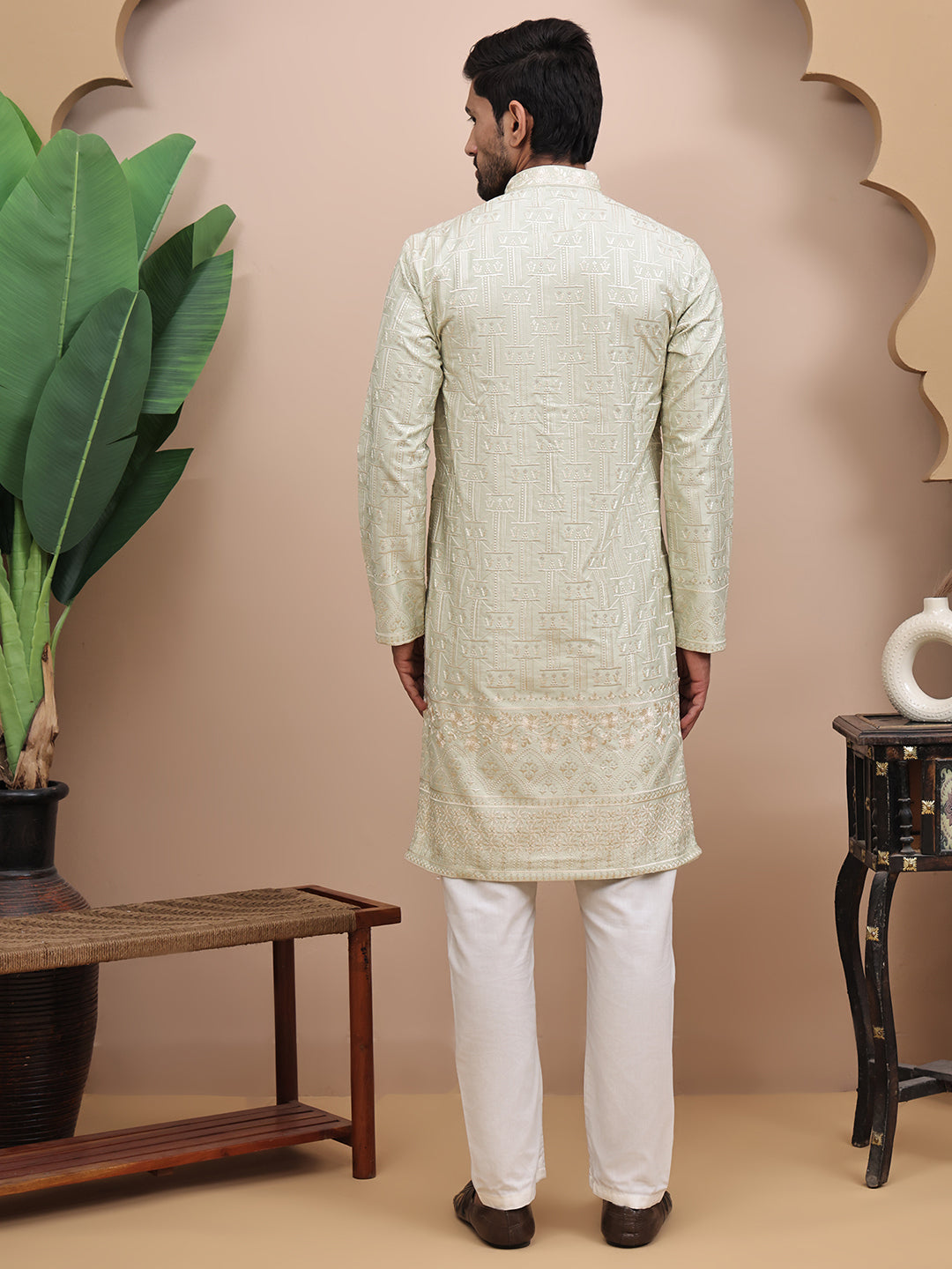 Men Pista Green Ethnic Motifs Embroidered Thread Work Kurta