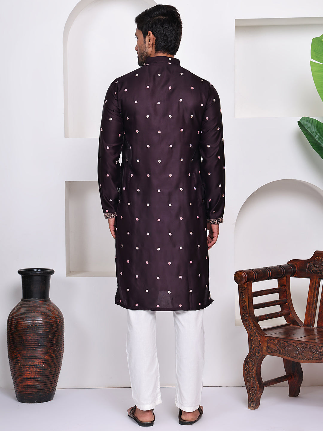 Men Wine Ethnic Motifs Embroidered Thread Work Straight Kurta