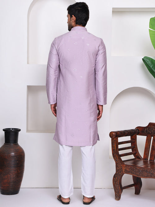 Lavender Geometric Embroidered Mandarin Collar Gotta Patti A-Line Kurta