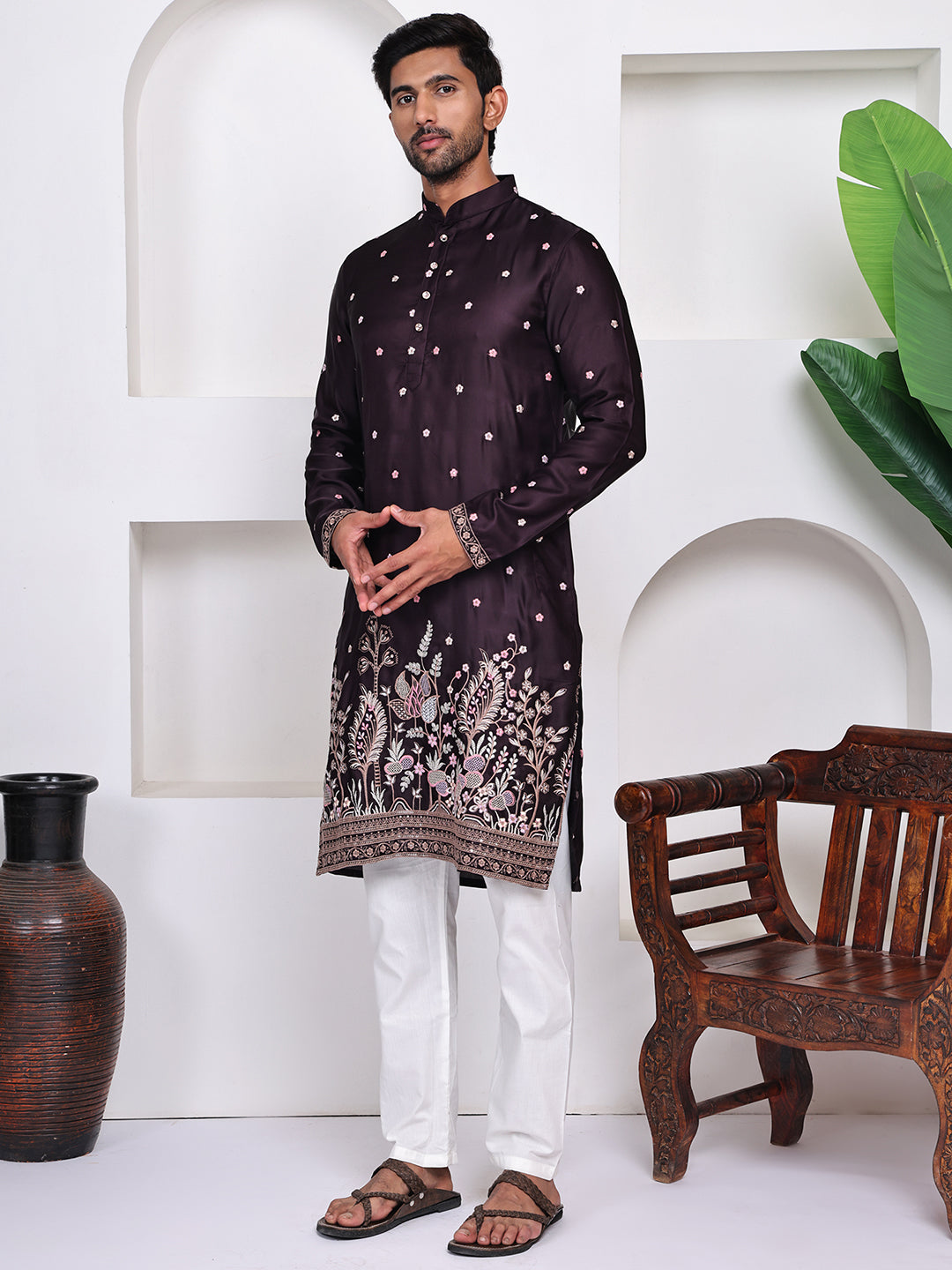 Men Wine Ethnic Motifs Embroidered Thread Work Straight Kurta