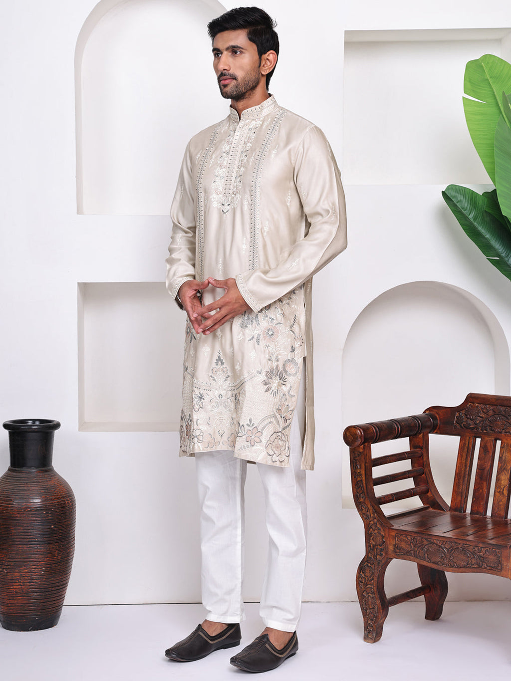 Men Beige Floral Embroidered Mirror Work Kurta