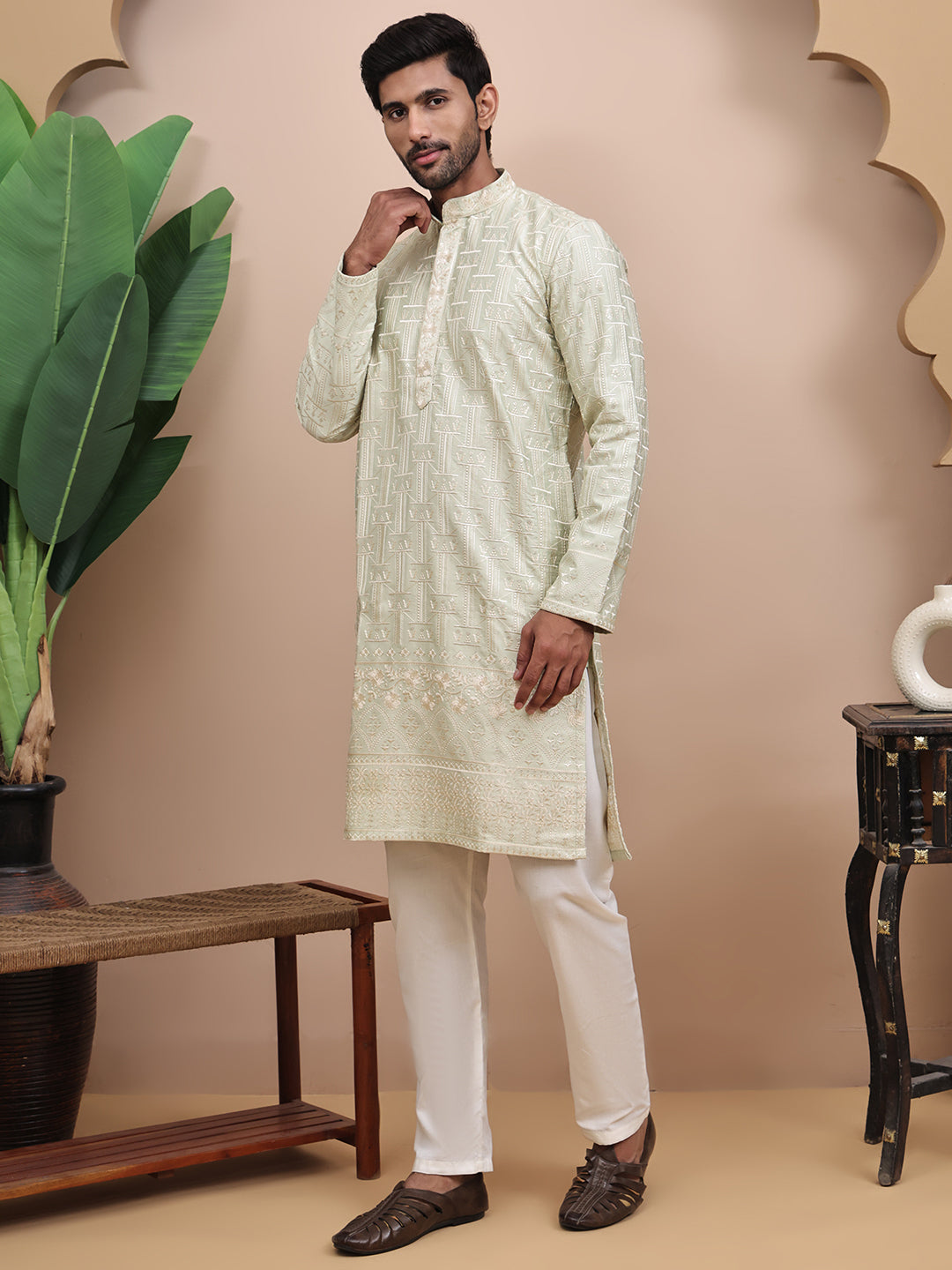 Men Pista Green Ethnic Motifs Embroidered Thread Work Kurta