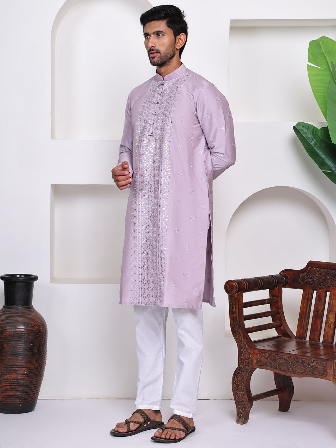 Lavender Geometric Embroidered Mandarin Collar Gotta Patti A-Line Kurta