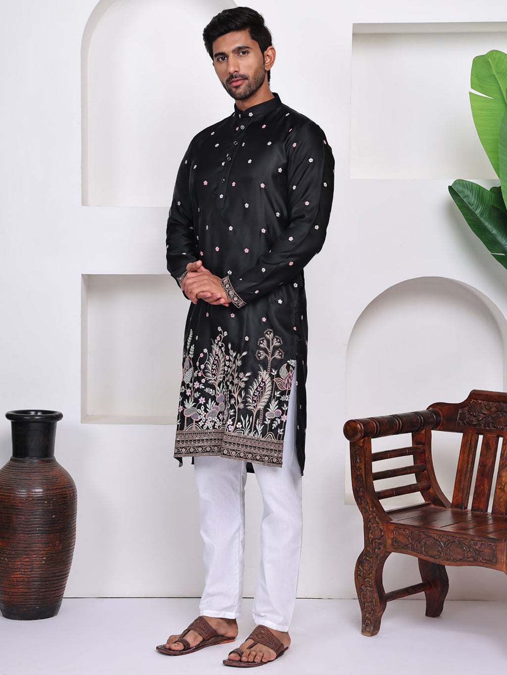 Black Floral Embroidered Mandarin Collar Mirror Work Straight Kurta