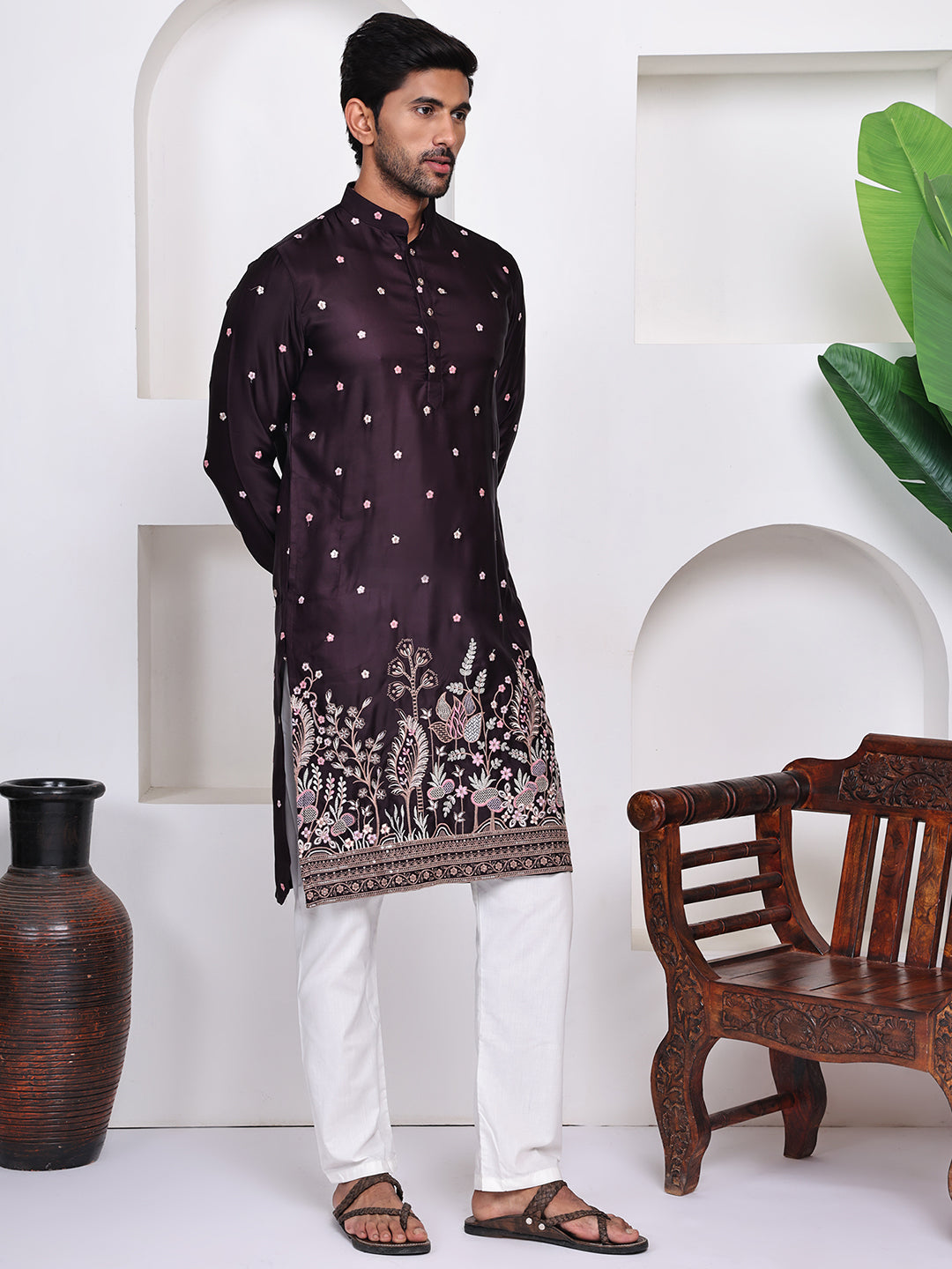 Men Wine Ethnic Motifs Embroidered Thread Work Straight Kurta