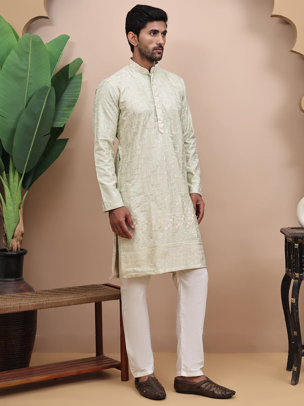 Men Pista Green Ethnic Motifs Embroidered Thread Work Kurta