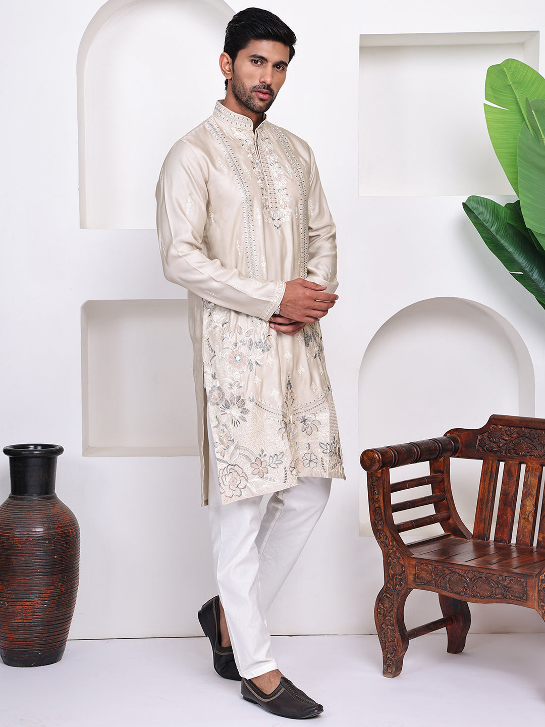 Men Beige Floral Embroidered Mirror Work Kurta