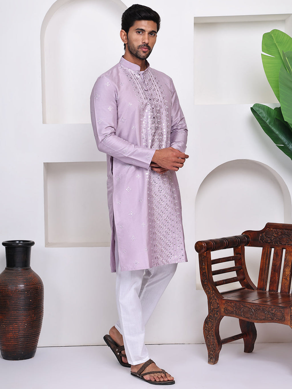 Lavender Geometric Embroidered Mandarin Collar Gotta Patti A-Line Kurta