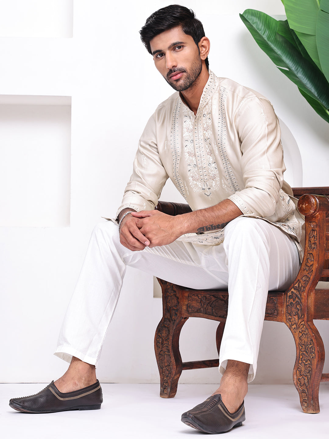 Men Beige Floral Embroidered Mirror Work Kurta