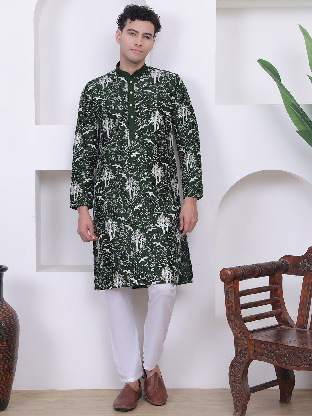 Men Mehndi green Ethnic Motifs Embroidered Kurta