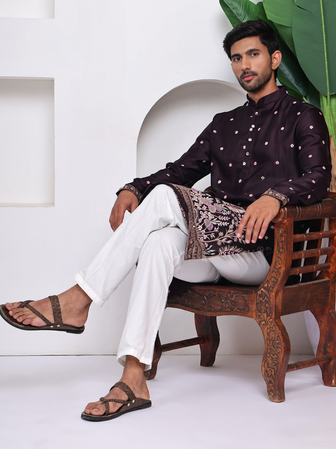 Men Wine Ethnic Motifs Embroidered Thread Work Straight Kurta