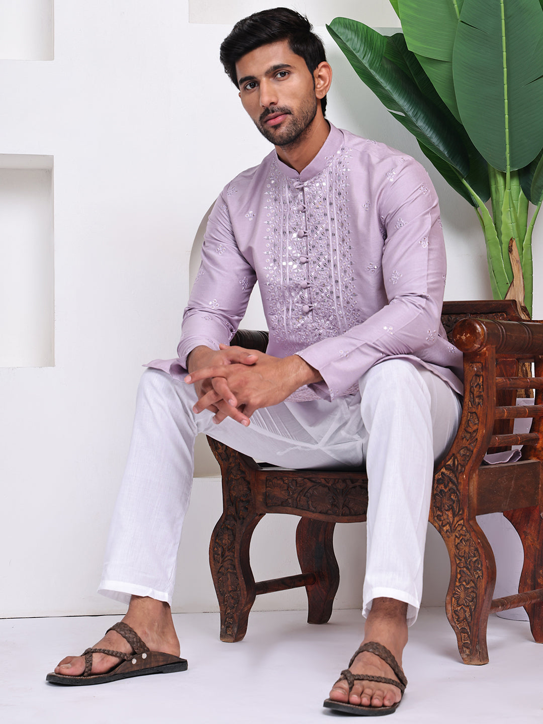 Lavender Geometric Embroidered Mandarin Collar Gotta Patti A-Line Kurta