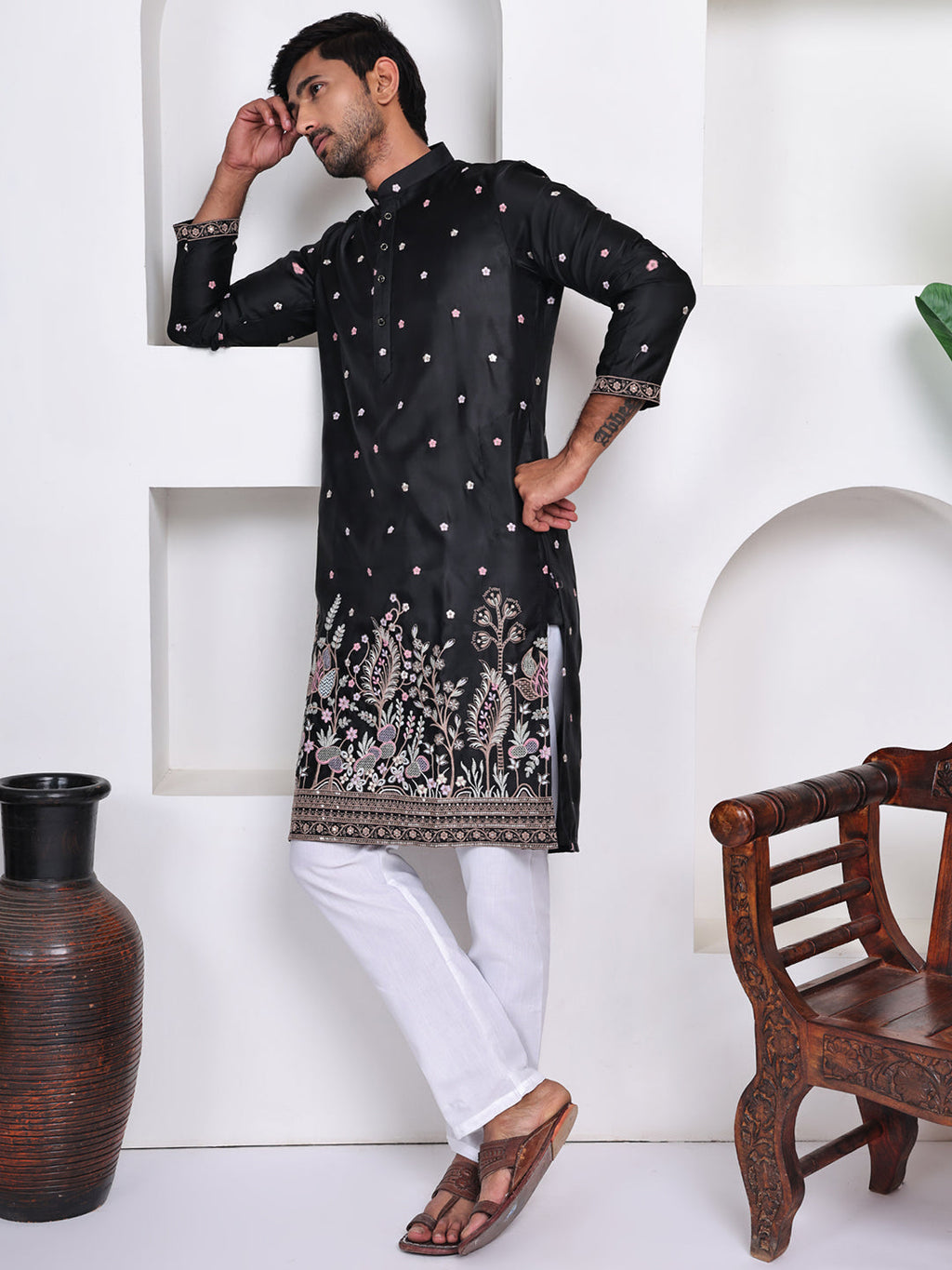 Black Floral Embroidered Mandarin Collar Mirror Work Straight Kurta