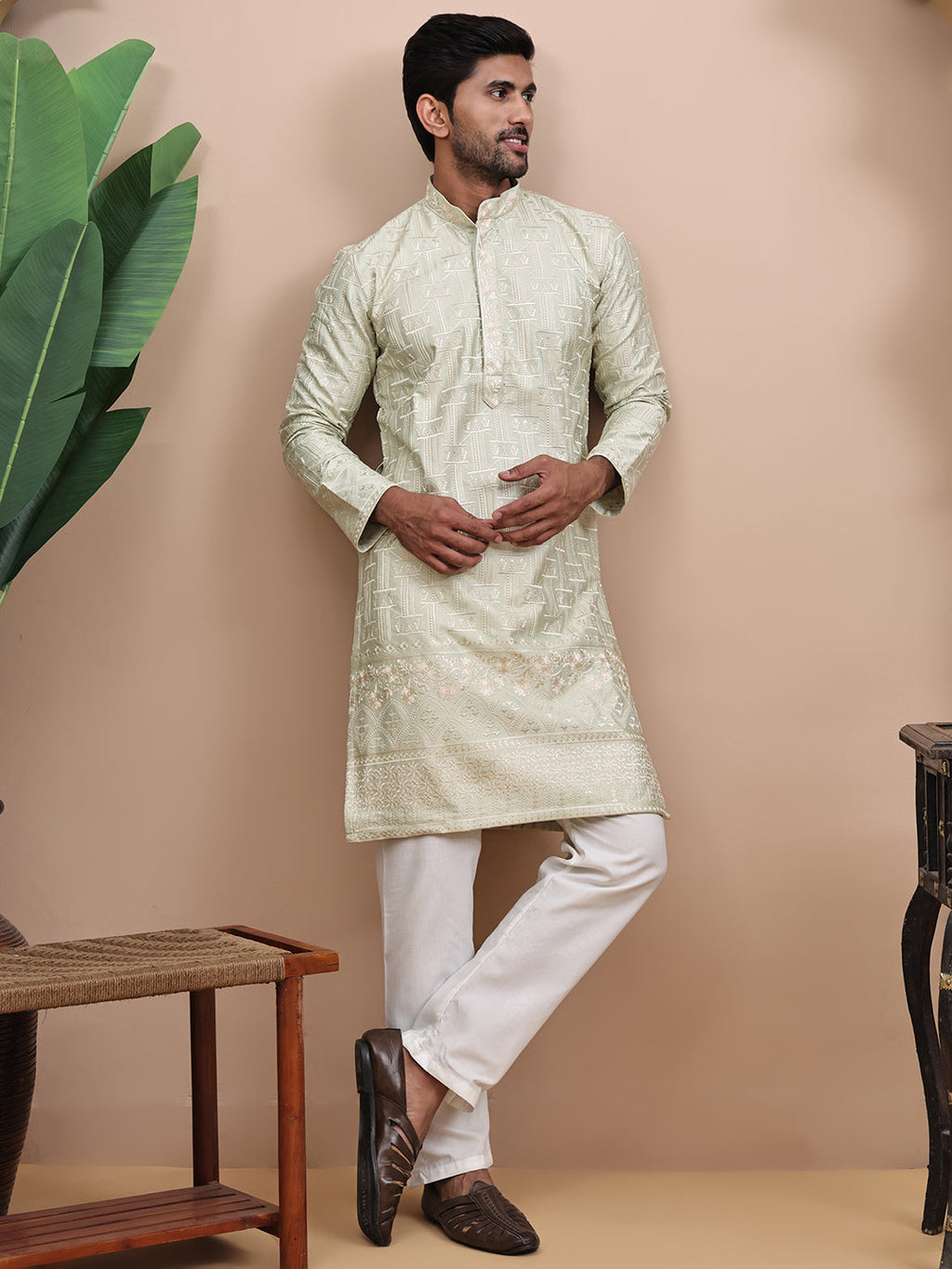 Men Pista Green Ethnic Motifs Embroidered Thread Work Kurta
