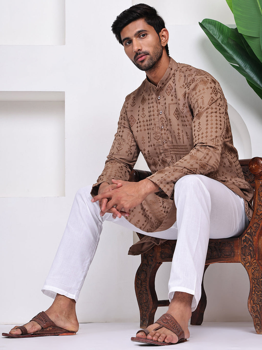 Men Light-Brown Geometric Embroidered Thread Work Kurta
